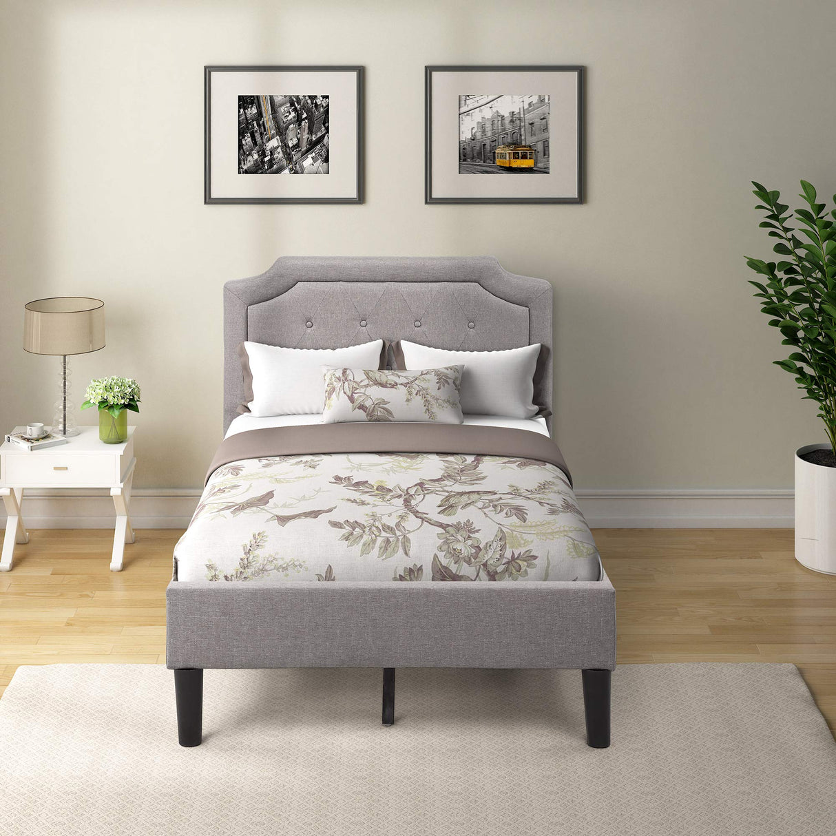 Bed Frame Upholstered Scalloped Linen Platform Bed Twin Beds Mattress Foundation