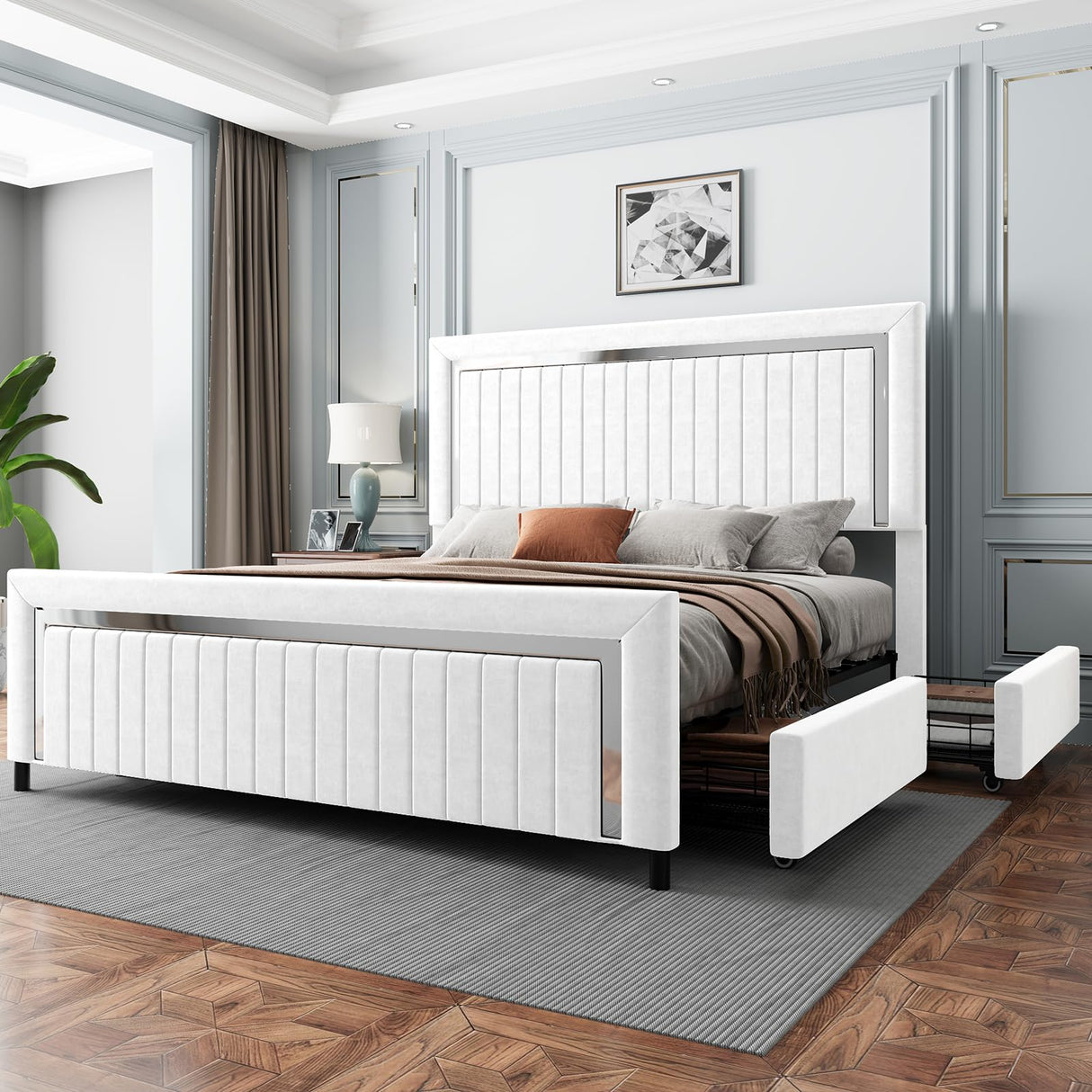 Upholstered Platform Queen Size LED Bed Frame with 4 Storage Drawers