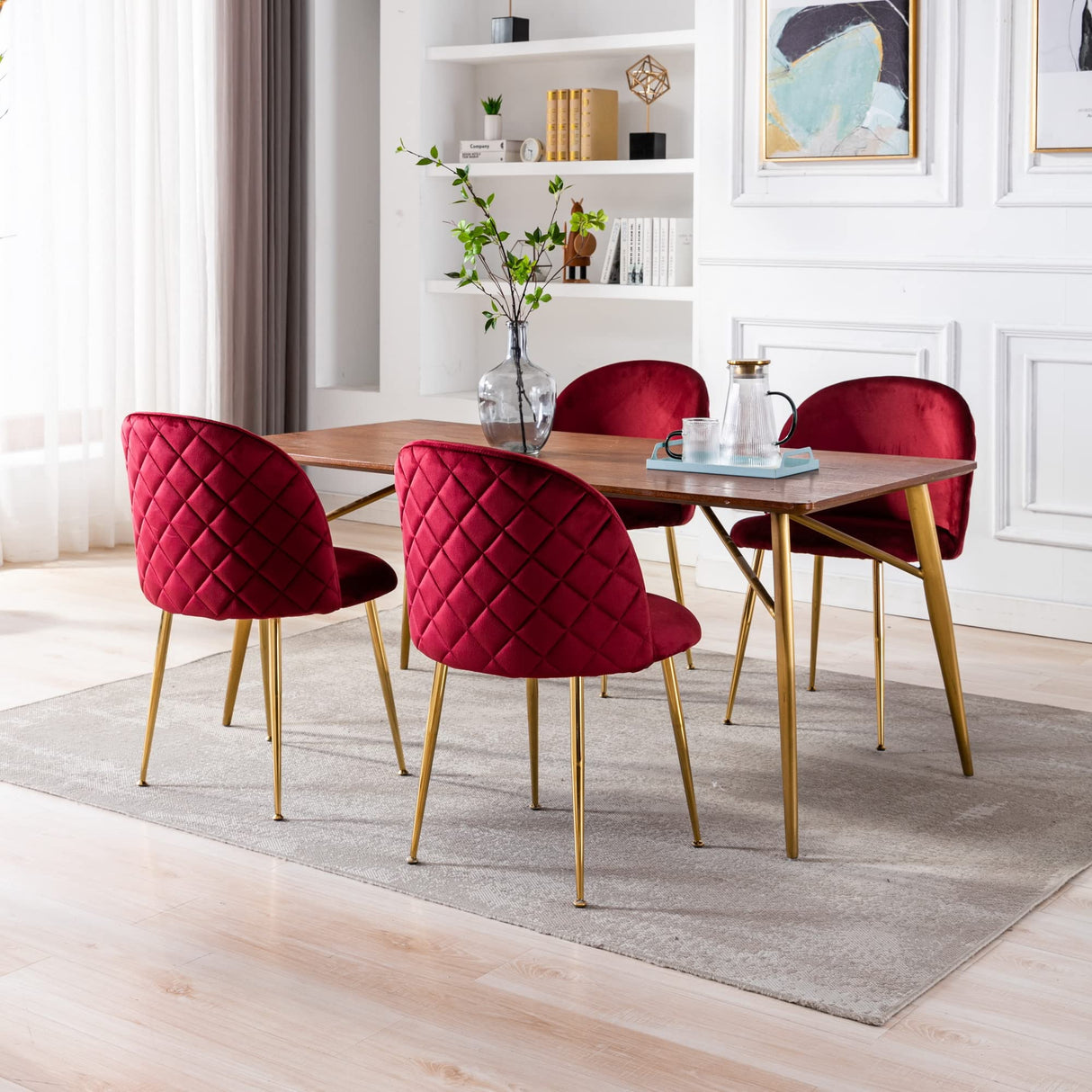 Set of 4 Velvet Dining Room Chairs, Velvet Fabric Upholstered Hostess Dining Chairs,