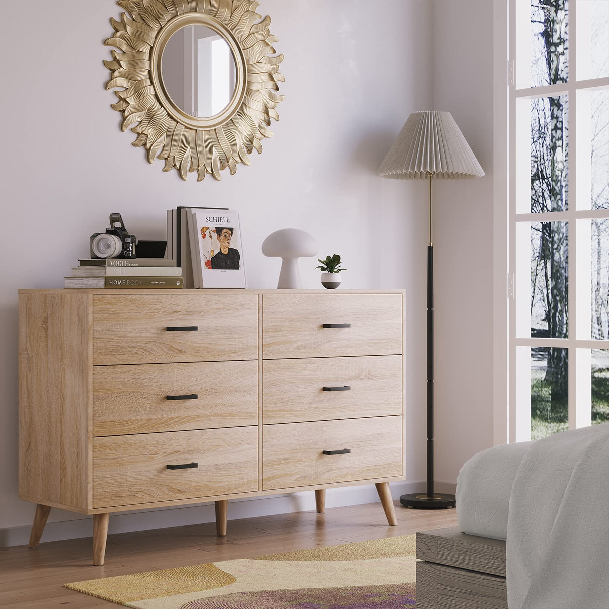 Wood Dresser for Bedroom, 6 Drawer Dresser with Metal Handles