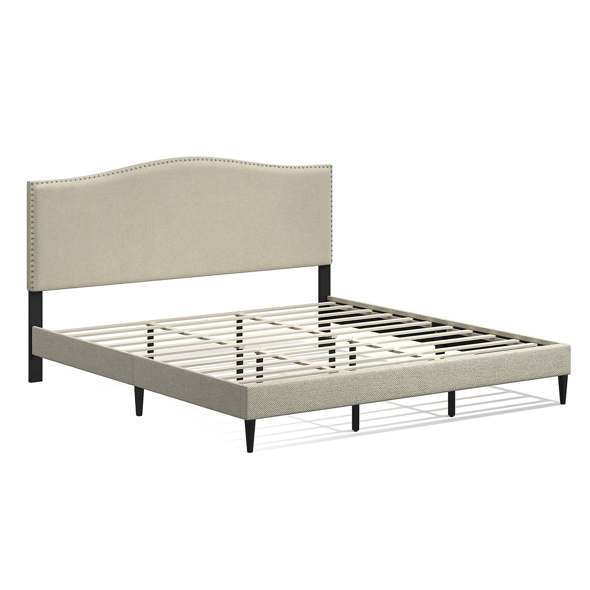Kameli Upholstered Platform Bed Frame/Nailhead Trim Camelback