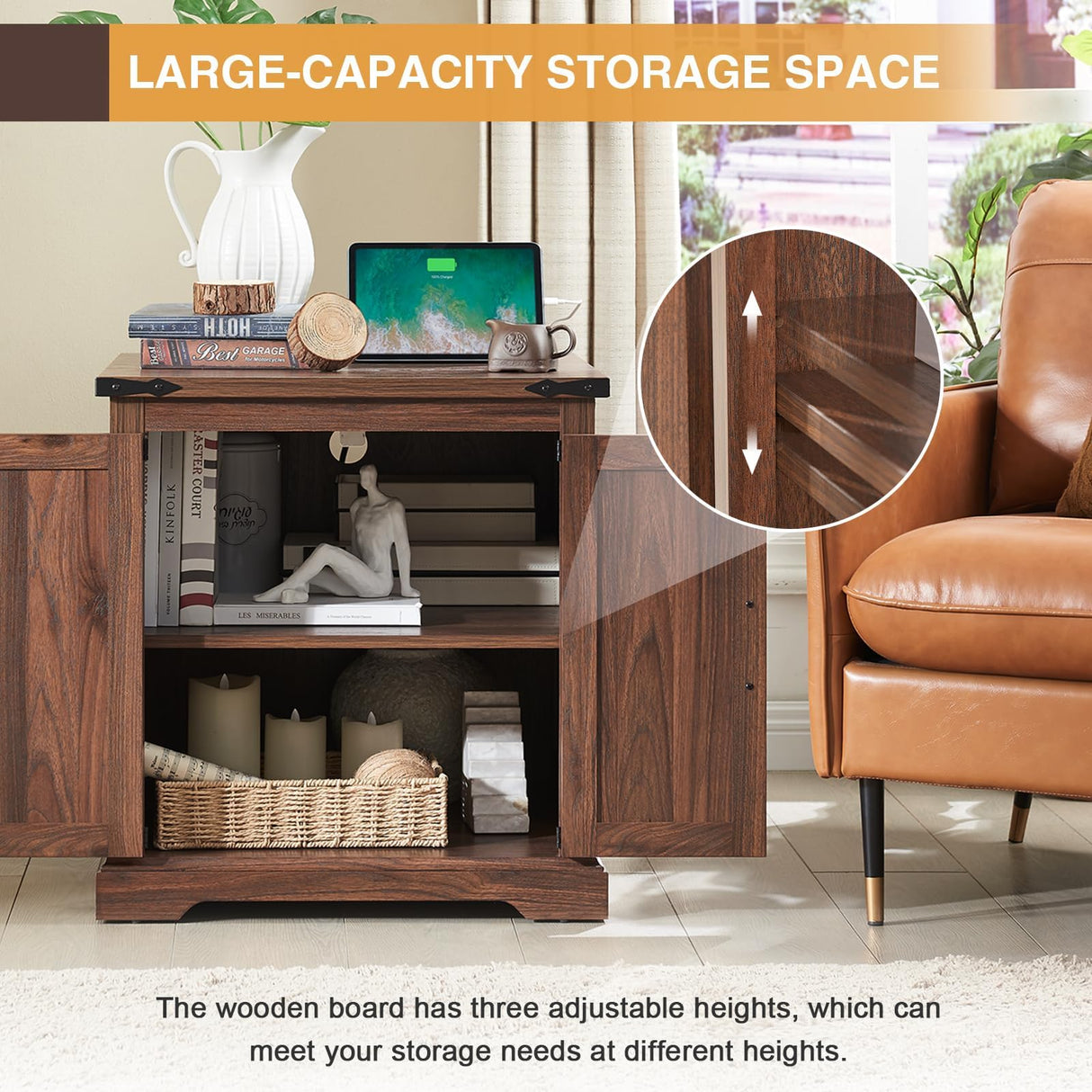 Barnyatoh Farmhouse End Table with Charging Station,24" Large Sofa Side Table with Barn Door, Rustic Wood Square Nightstand Bedside Table with Adjustable Storage Shelf for Living Room, Bedroom,Walnut