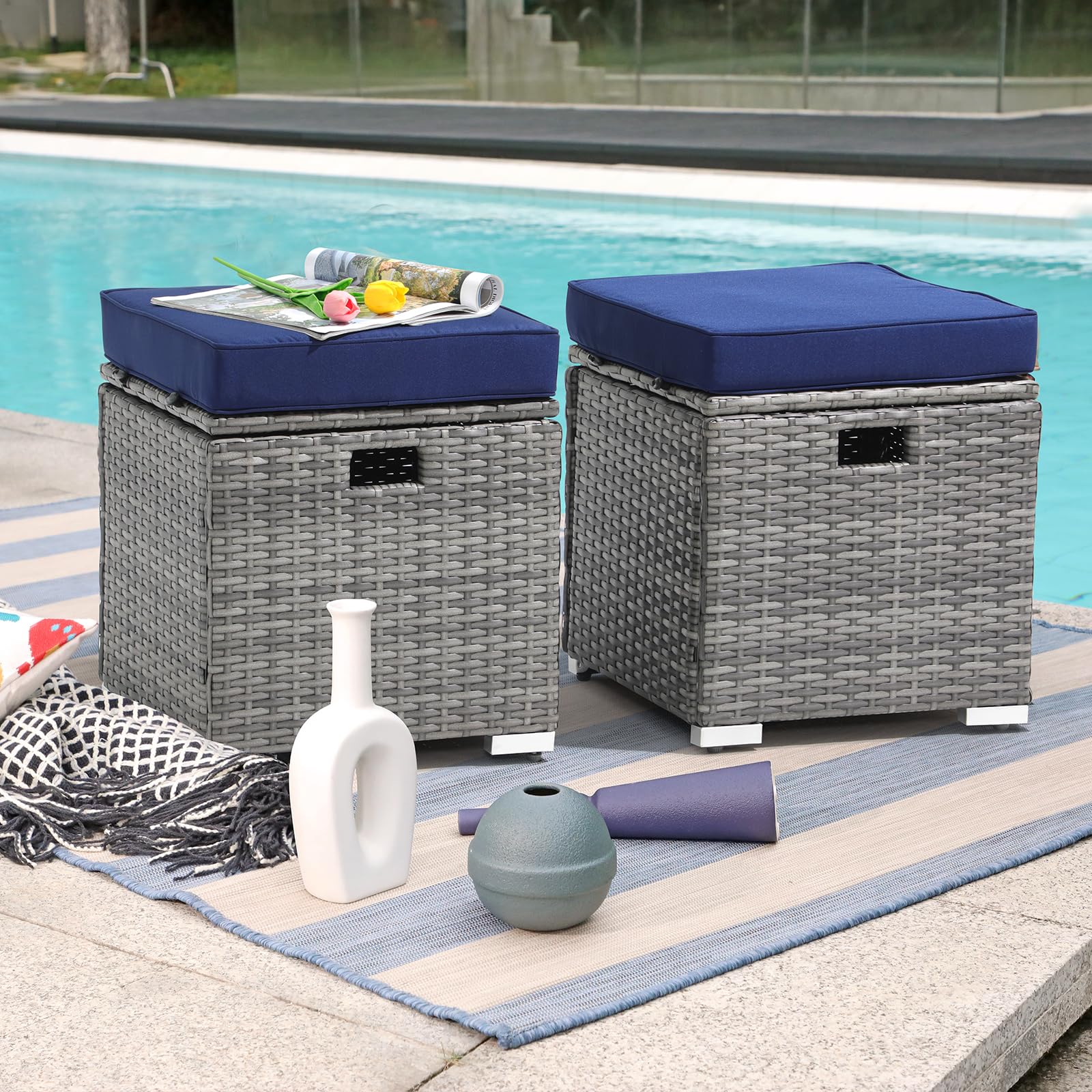 2 Piece Outdoor Patio Ottomans,All-Weather Grey PE Rattan Wicker Ottoman