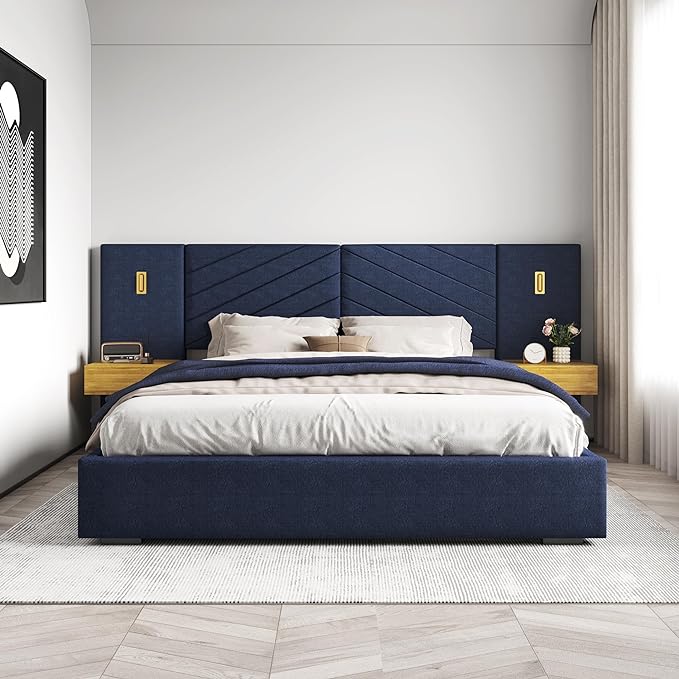 Luxury Bed Frame with Built-in Gold LED Lights and Nightstands