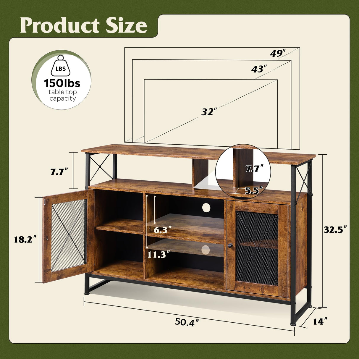 TV Stand 55 inch TV,Tall Entertainment Center with Storage, Farmhouse Industrial