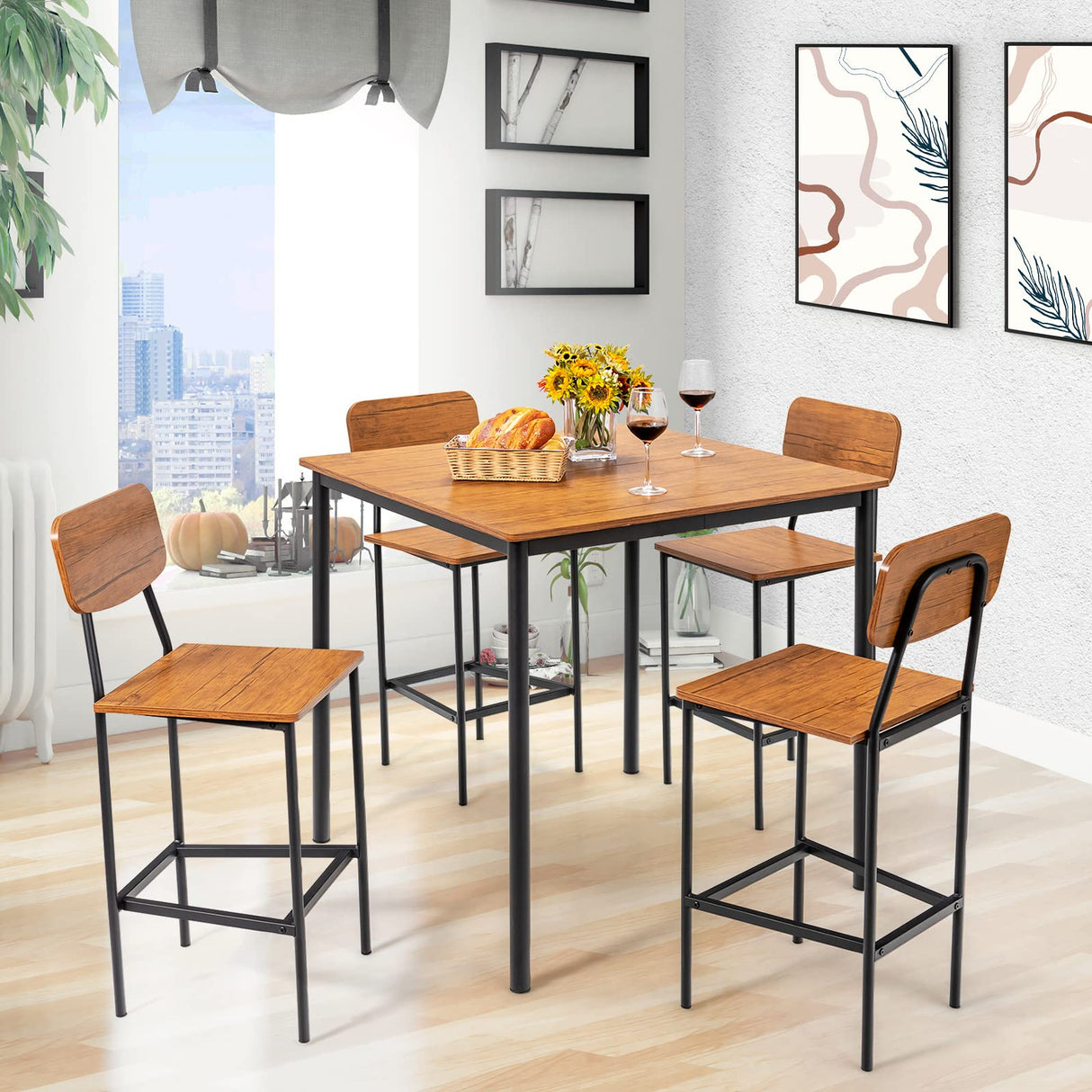 5-Piece Dining Table Set for Small Space, Kitchen Table and Chairs Set for 4 with Steel Frame,