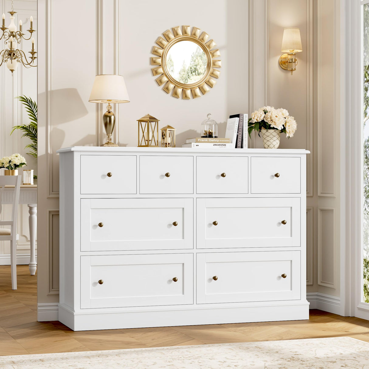 White Dresser 8 Drawer Dresser, 47.2" White Chest of Drawers Nursery Dresser