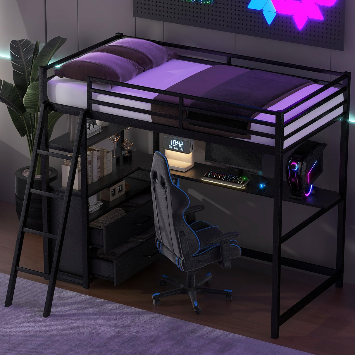 Kid’s Twin Metal Loft Bed with Desk and Cabinet Loft Bed