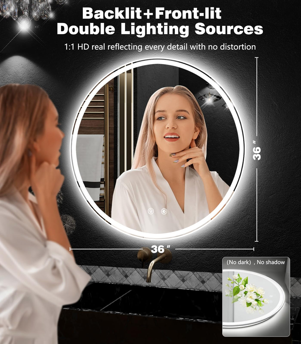 36 Inch Round LED Bathroom Mirror - Dimmable with 3 Color Modes & Anti-Fog