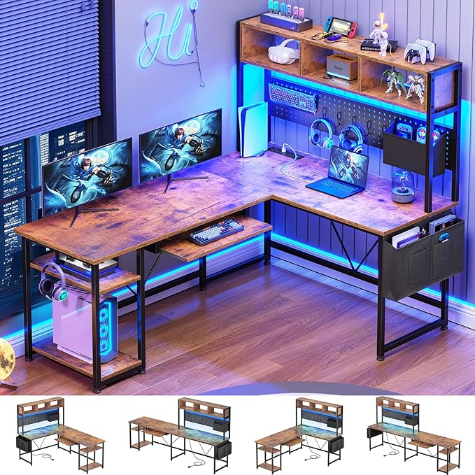 Corner Computer Desk with Storage Shelves, 57.5” Reversible Home Office Desk