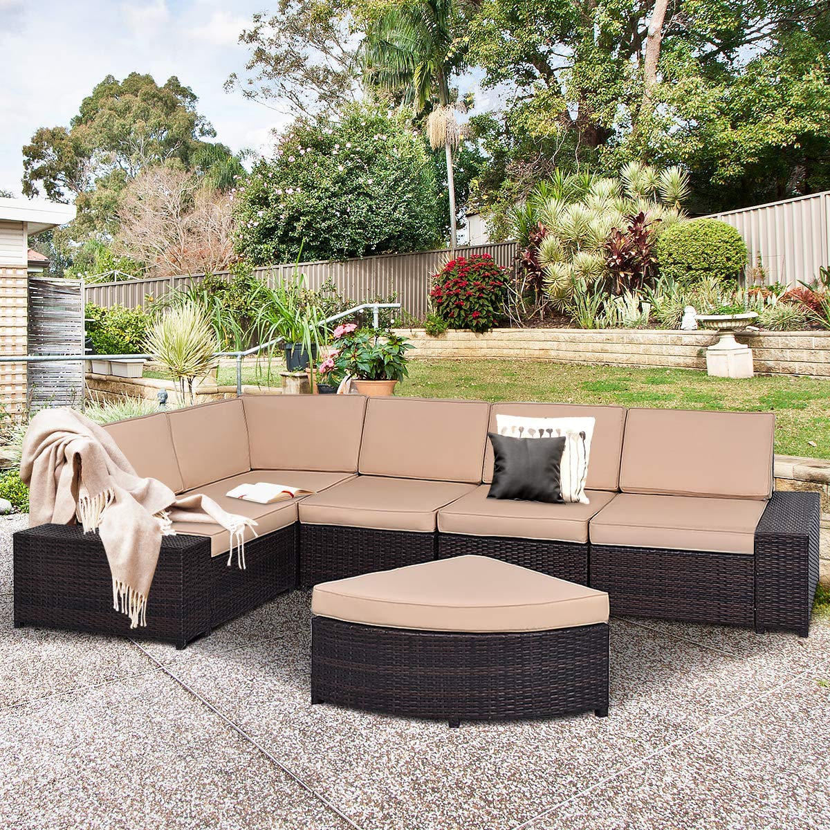 6 PCS Patio Wicker Furniture Set, Modern Outdoor Patio Garden Lawn PE Wicker