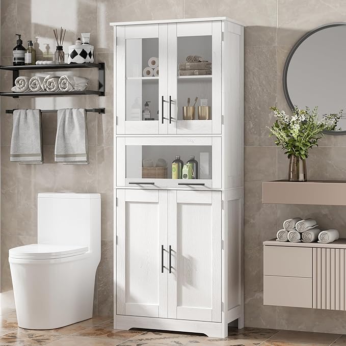 Bathroom Cabinet, Tall Storage Cabinet with Doors and Adjustable Shelf, Freestanding Floor