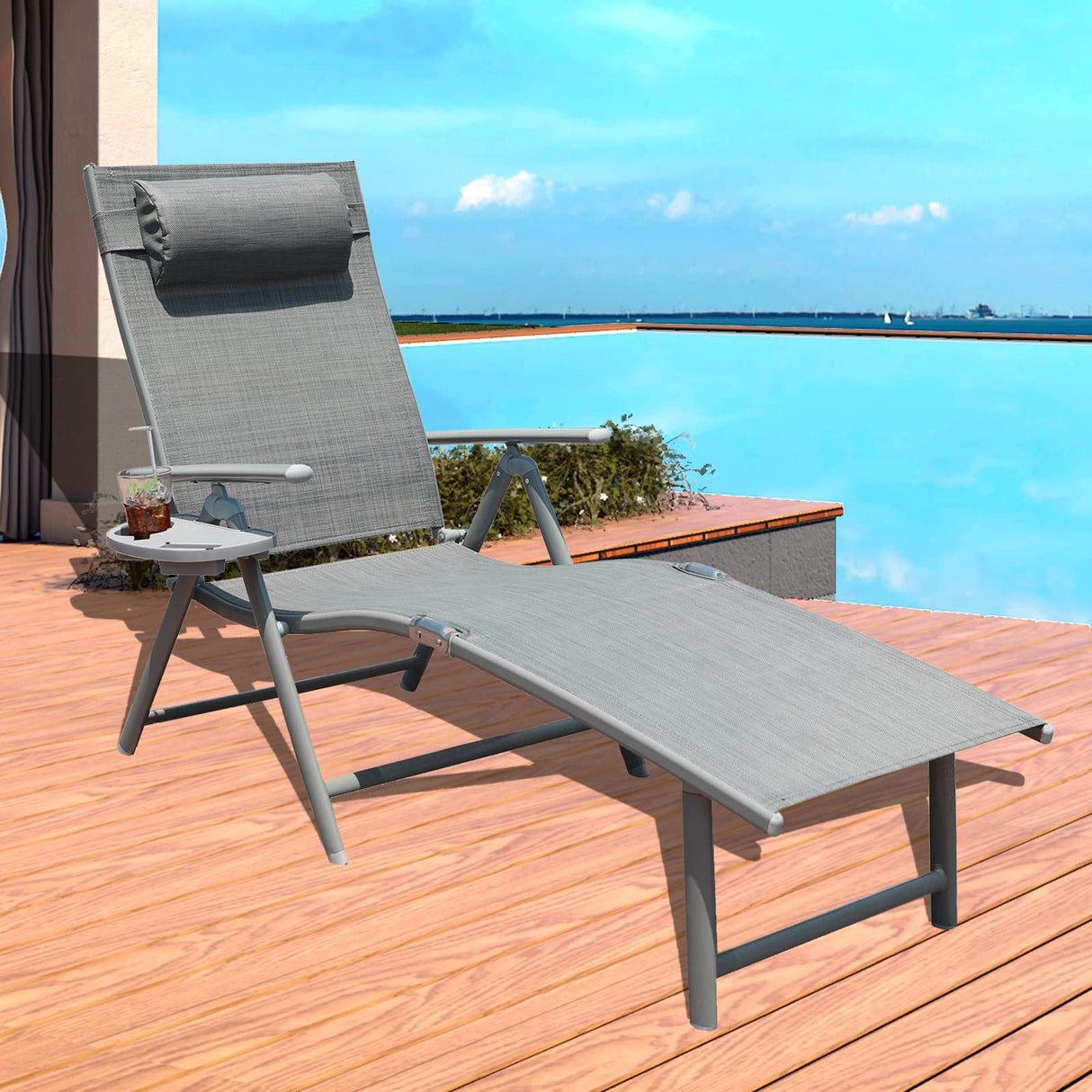 Aluminum Outdoor Folding Reclining Adjustable Chaise Lounge Chair with Cup Holder