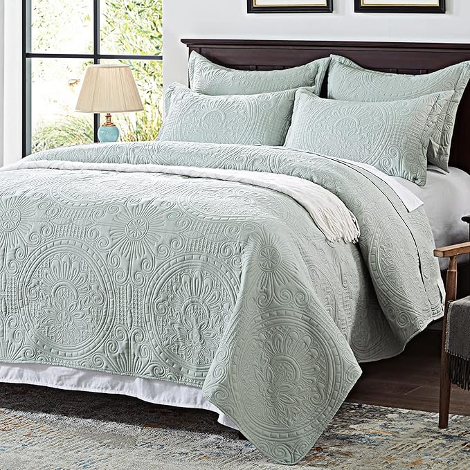 Quilt King Size Bedding Set-Olive Green Embossed, Bedspreads-Lightweight Summer Soft