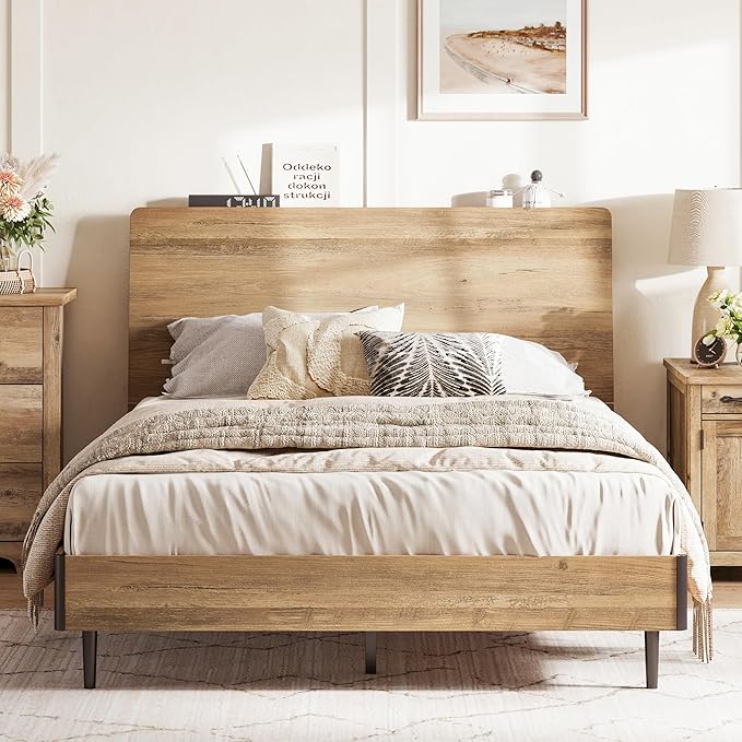 Queen Wood Platform Bed Frame with Ergonomic Headboard