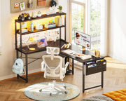 L Shaped Desk Gaming Desk with LED Light & Power Outlet, 53 Inch Reversible L Shaped Computer Desk