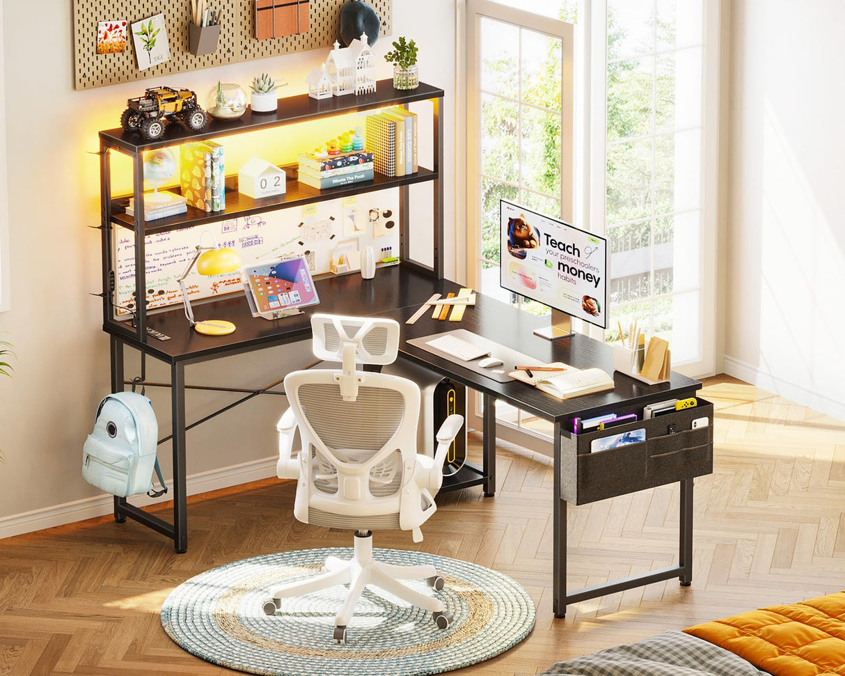 L Shaped Desk Gaming Desk with LED Light & Power Outlet, 53 Inch Reversible L Shaped Computer Desk