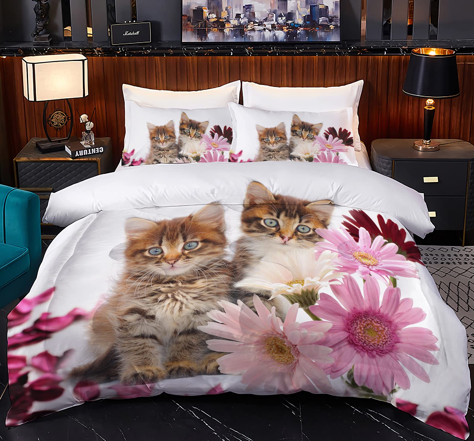 5Pcs Twin Size Cat Comforter Set + Forest Animal Fitted Sheet (1Cat Comforter