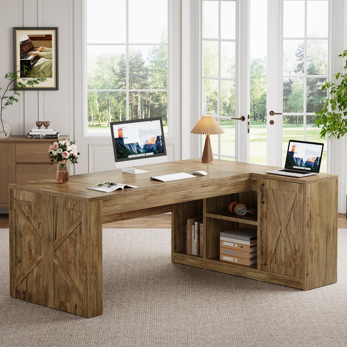 70.8" L-Shaped Executive Desk, Large Office Computer Table with File Cabinet