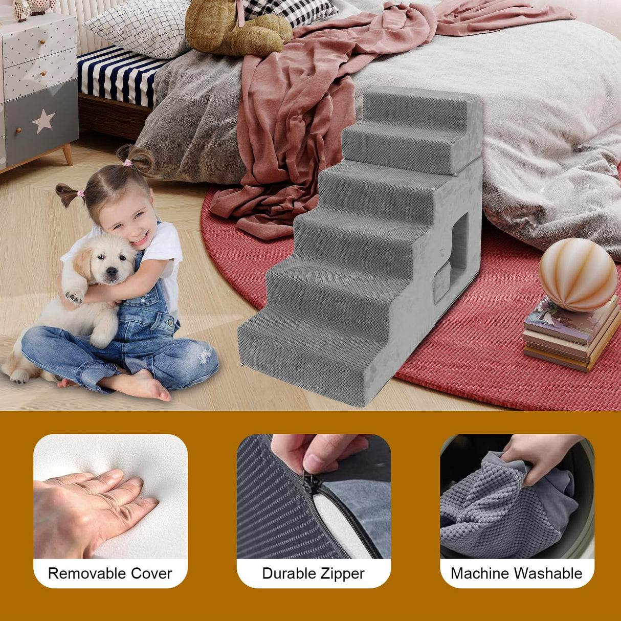 6-Step Dog Stairs for High Beds - 27" Height