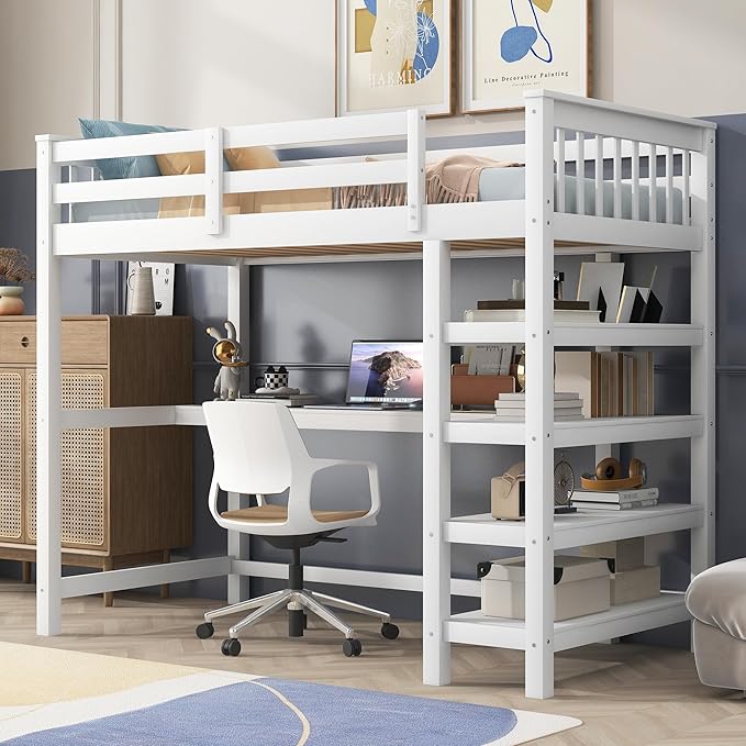 with Desk : Twin Size Loft Bed with 4-Storage Shelves and Under-Bed Desk Solid Wood