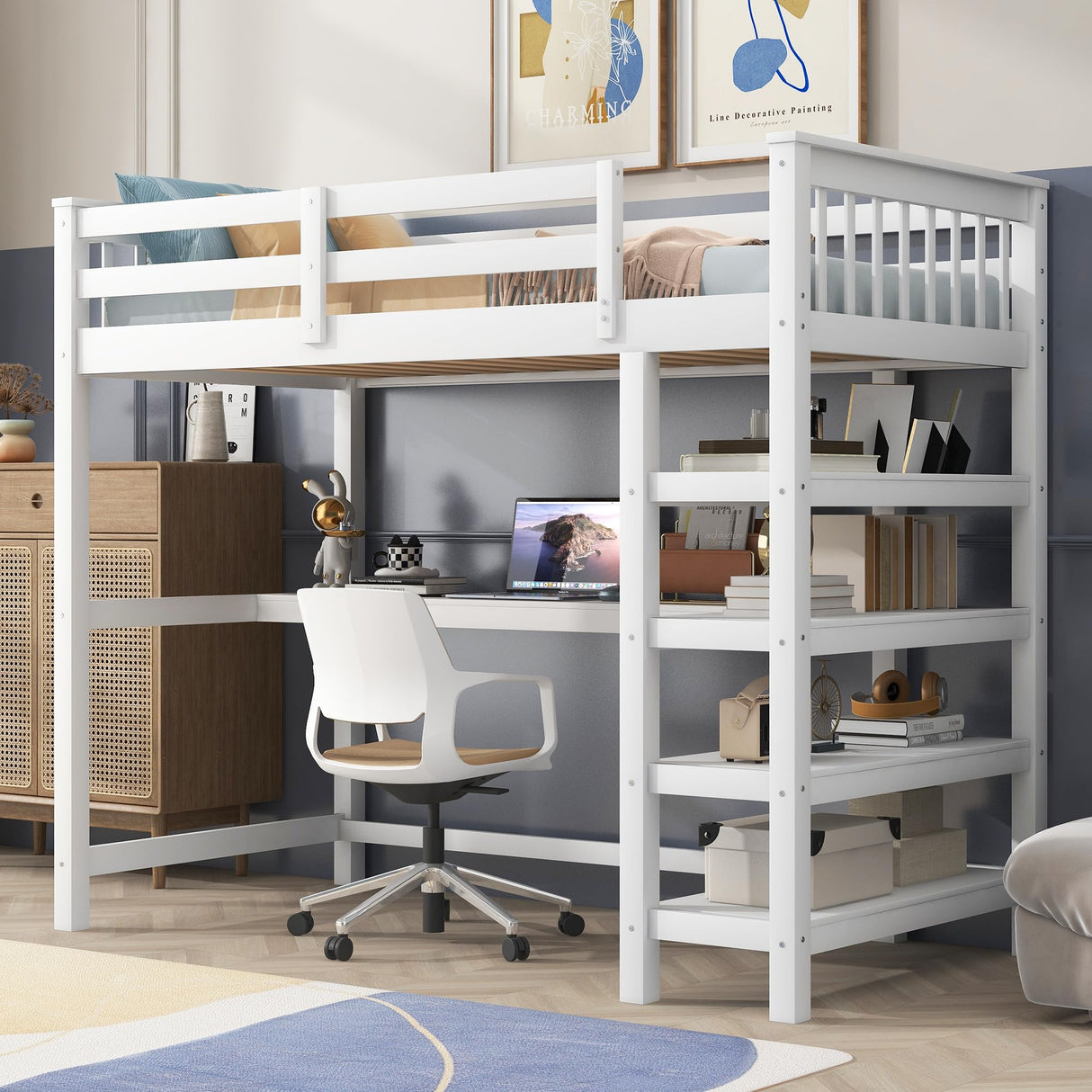 with Desk : Twin Size Loft Bed with 4-Storage Shelves and Under-Bed Desk Solid Wood