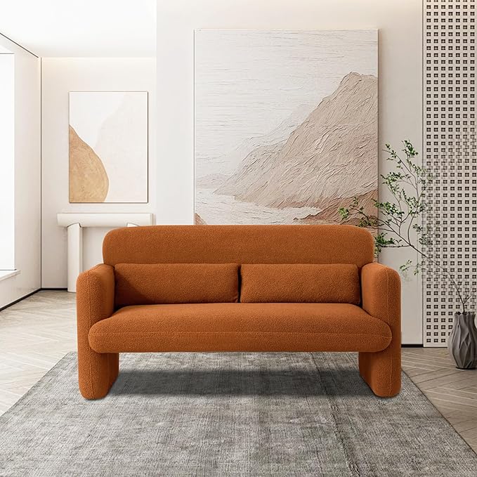 Loveseat Sofa, Sherpa Lamb Fabric Couch | Comfy, Modern Leisure Loveseat with 2 Waist Pillows