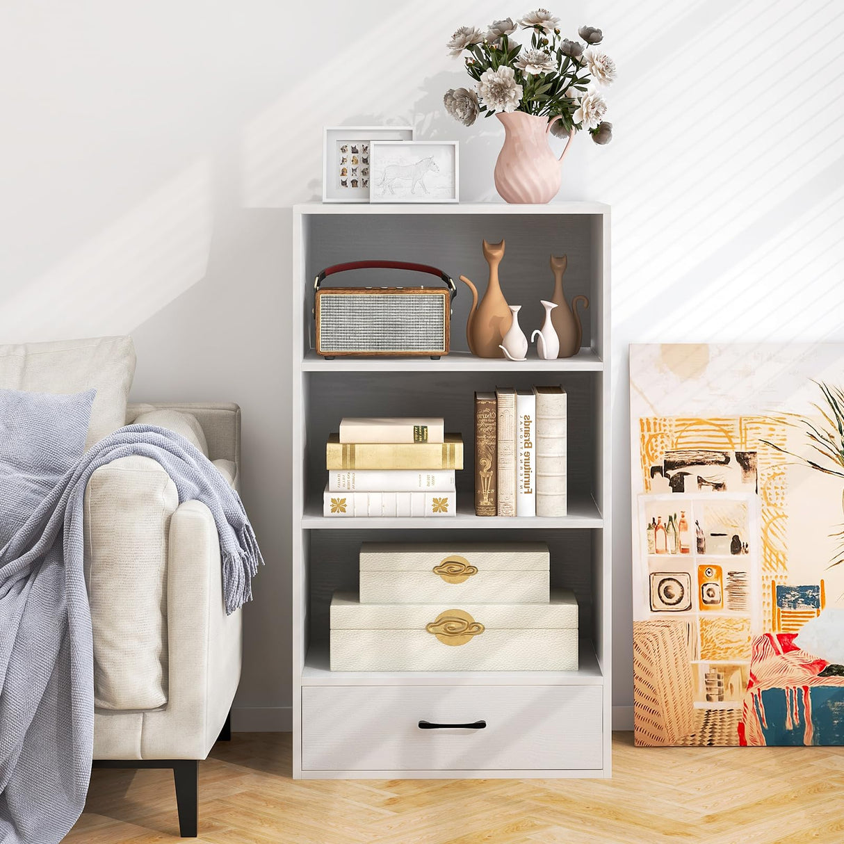 with Drawer, 48’’ Tall Floor Standing Organizer Display Storage Shelves with Anti-toppling