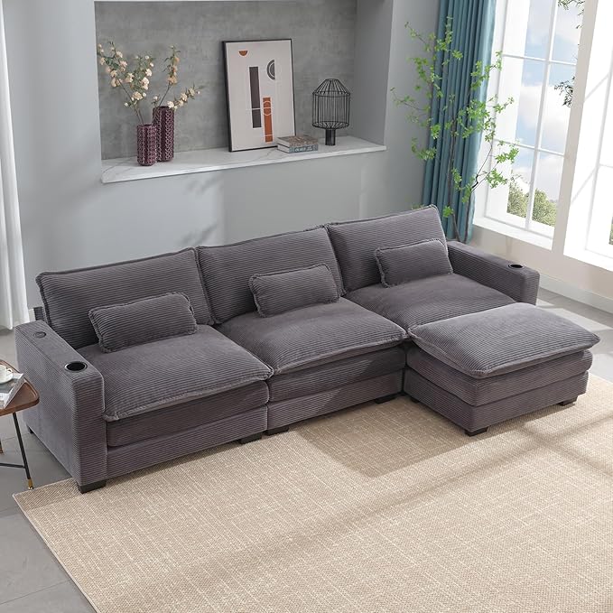 Corduroy Cloud Sectional Couch, Modern Comfy Modular L-Shaped Sectional