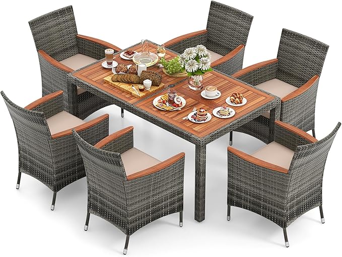 7 Pieces Outdoor Wicker Dining Set, Patio Dining Furniture Set with Acacia Wood Table