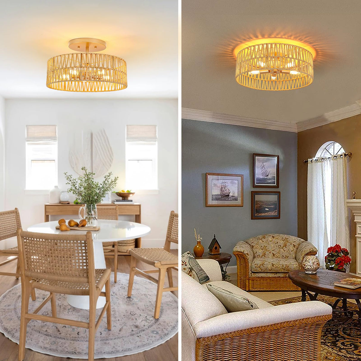 5-Light Rattan Ceiling Light Fixture, 16" Round Boho Flush Mount Ceiling Lights