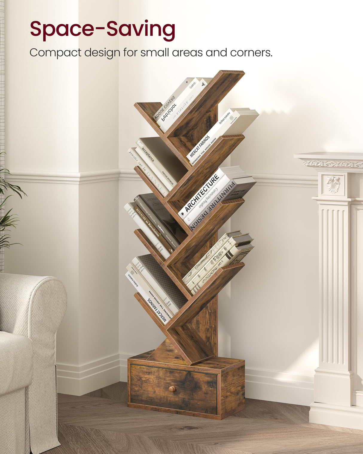 Yzosvki 9 Tier Tree Book Shelf with Drawer, Floor Standing Bookshelf Storage Organizer Bookshelves for Books/CDs, 9 Shelf Narrow Bookcase for Sturdy Room, Bedroom, Living Room, Rustic Brown