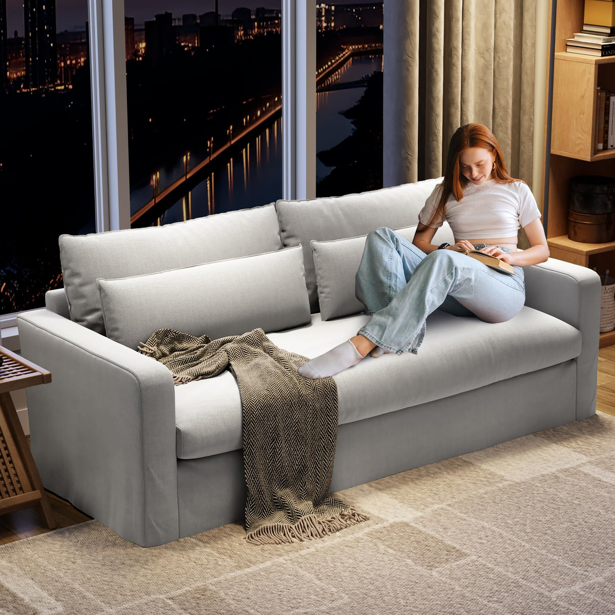 80 Inch Down Sofa Couches for Living Room Linen Fabric 3 Seater Couch