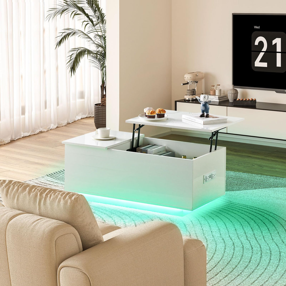 Lift Top Coffee Table with LED Light, Modern High-Glossy Coffee Table