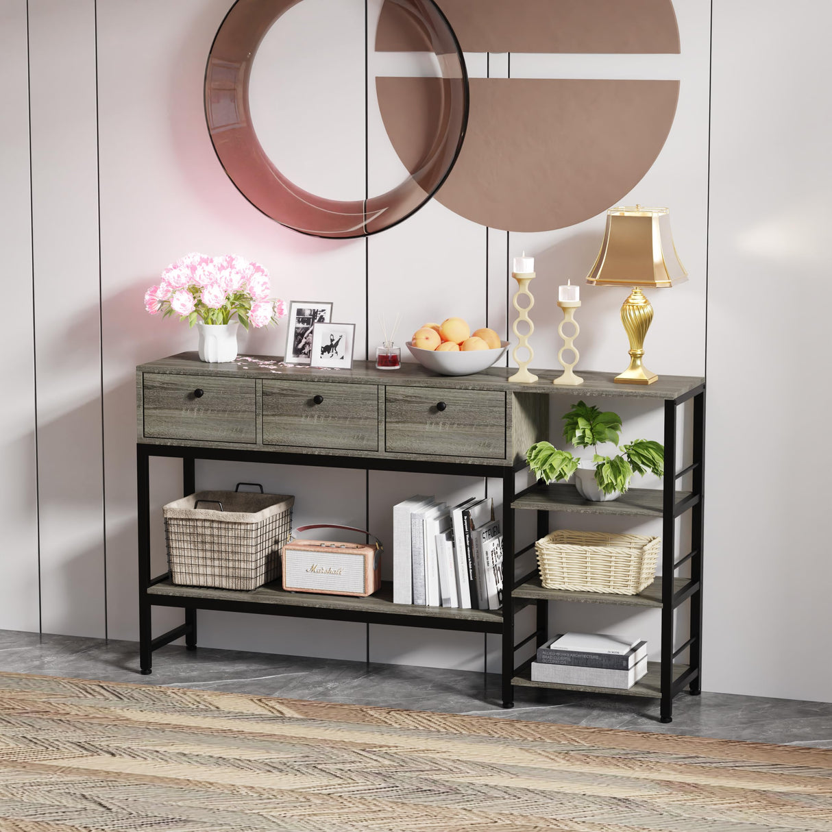 55'' Console Tables for Living Room, Entryway Table with 3 Drawers and 4 Storage Shelves