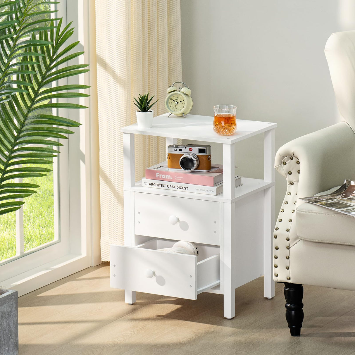 White Night Stand, Small Nightstand with 2 Wood Drawers and Storage Shelf, Modern
