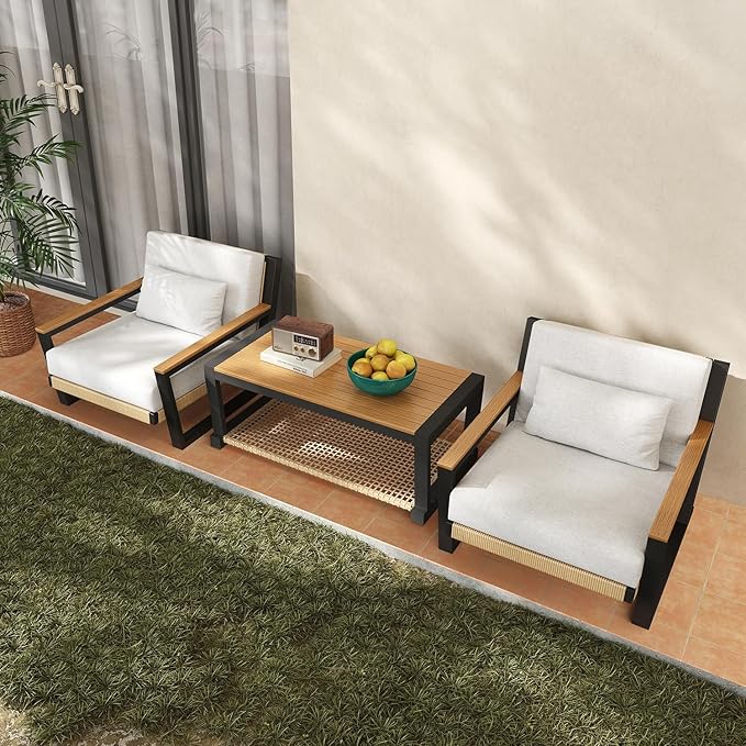 Patio Sofa Set with PE Rope Weaving, 500lbs Capacity Outdoor Conversation Set