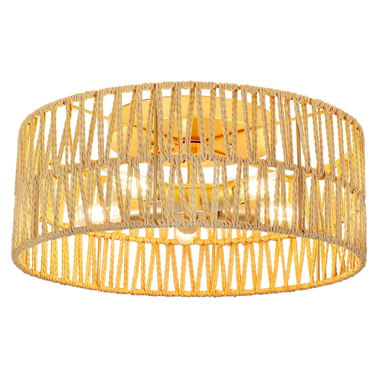 5-Light Rattan Ceiling Light Fixture, 16" Round Boho Flush Mount Ceiling Lights