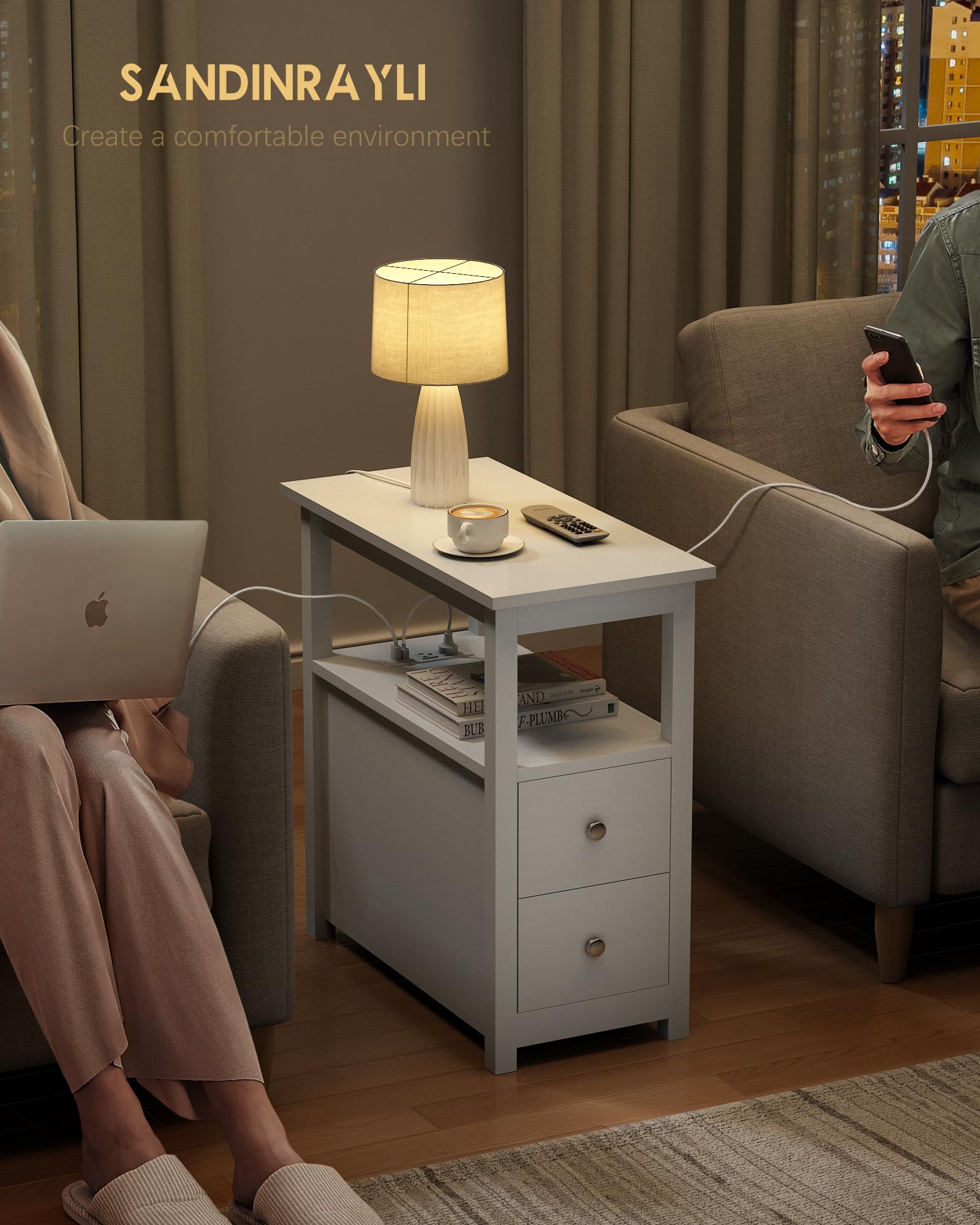 End Table with Charging Station, Side Table with 2 Drawer & USB Ports & Power Outlets