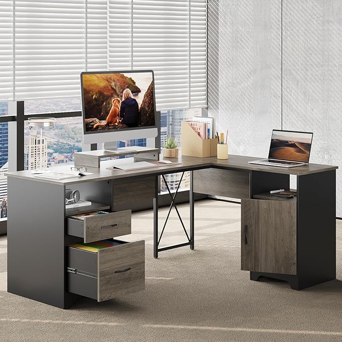 L Shaped Desk with File Drawers, 63" x 47" Office Computer Desk with Storage Cabinet