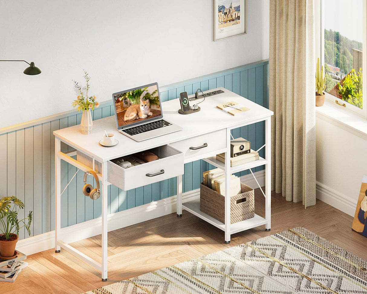 Laptop Desk, 40 Inch Small Desk with Drawers & Power Outlet for Bedroom