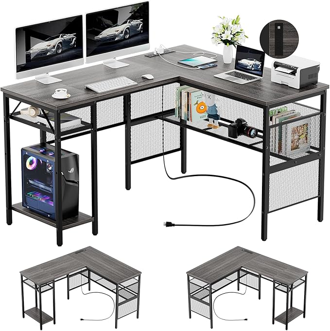 L Shaped Gaming Desk, Large Corner Computer Desk with Power Outlets and USB Ports, Sturdy Home Office Table with Storage Shelf, Attractive Grid Design Writing Desk, Black Oak