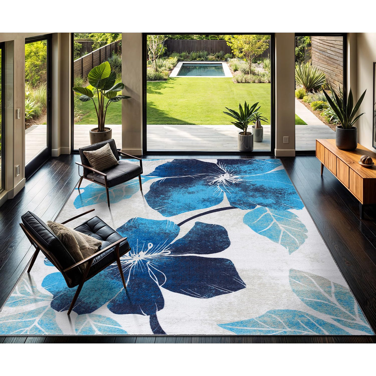 Solana Modern Floral 7'10" x 10'3" Area Rugs Non-Skid (Non-Slip) Rubber Backing Blue