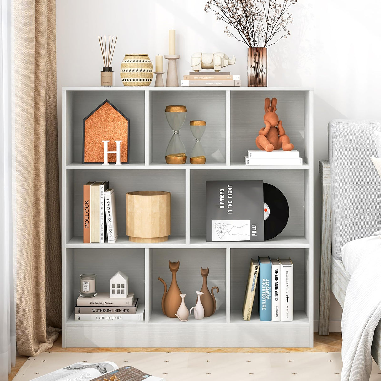 8-Cube Bookshelf, 39.5”L Floor Bookcase with 2 Anti-Tipping Kits, Freestanding Storage Organizer, 4-Tier Display Shelf for Home, Office & Dorms, Natural/White (White, 8-Cube)