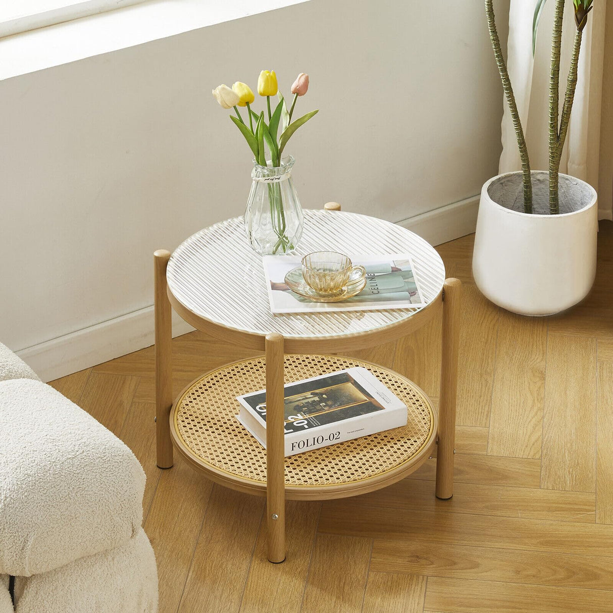 19.6" Boho Rattan Coffee Table, Round Glass Metal End Table