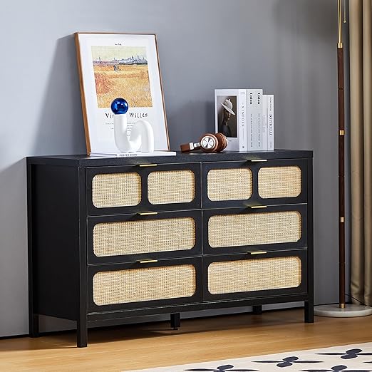 6 Drawer Dresser for Bedroom, Rattan Dresser Drawer Organizer with