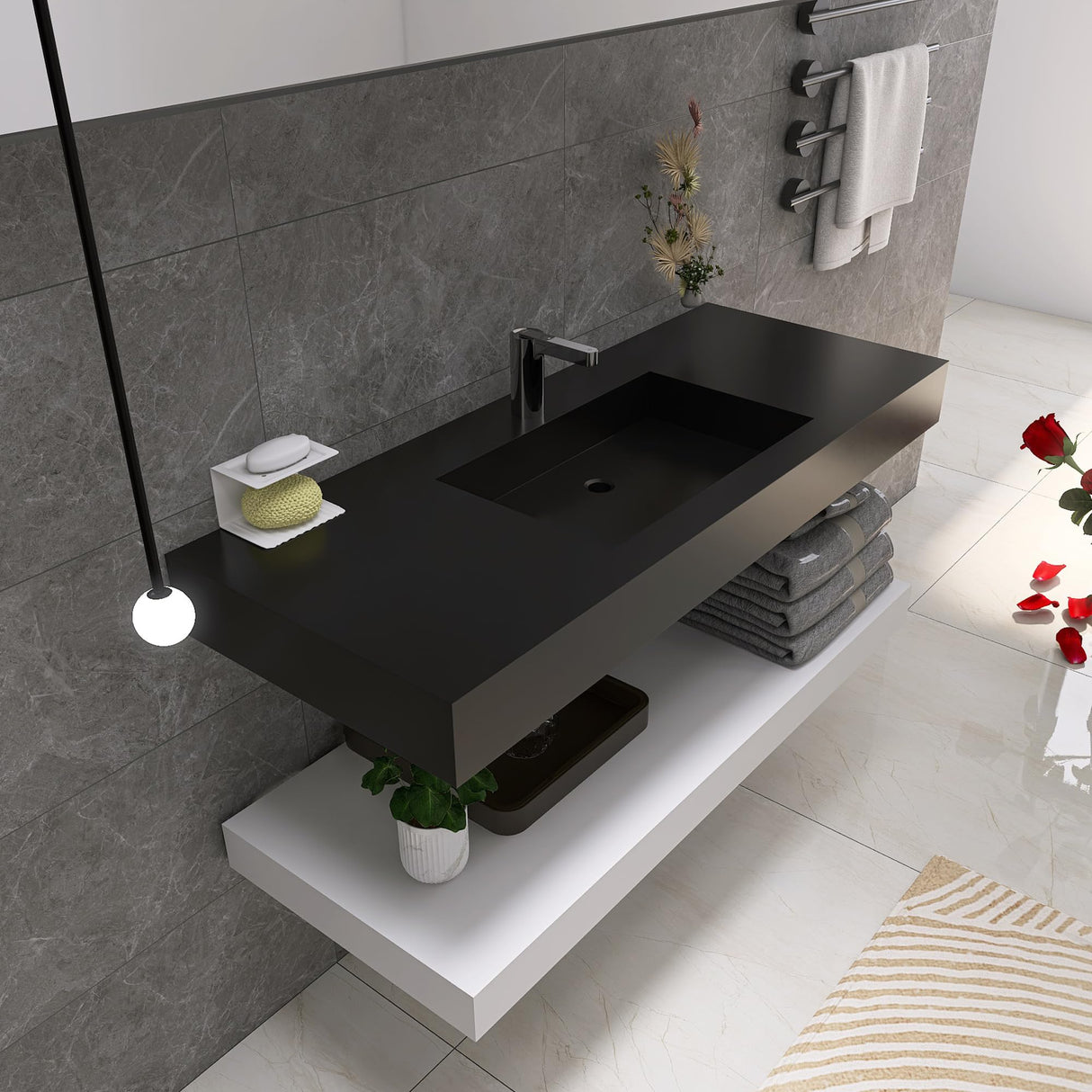 47"x19" Wall Mount Bathroom Vanity ,Bathroom Vanities with Sink Black Stone Resin