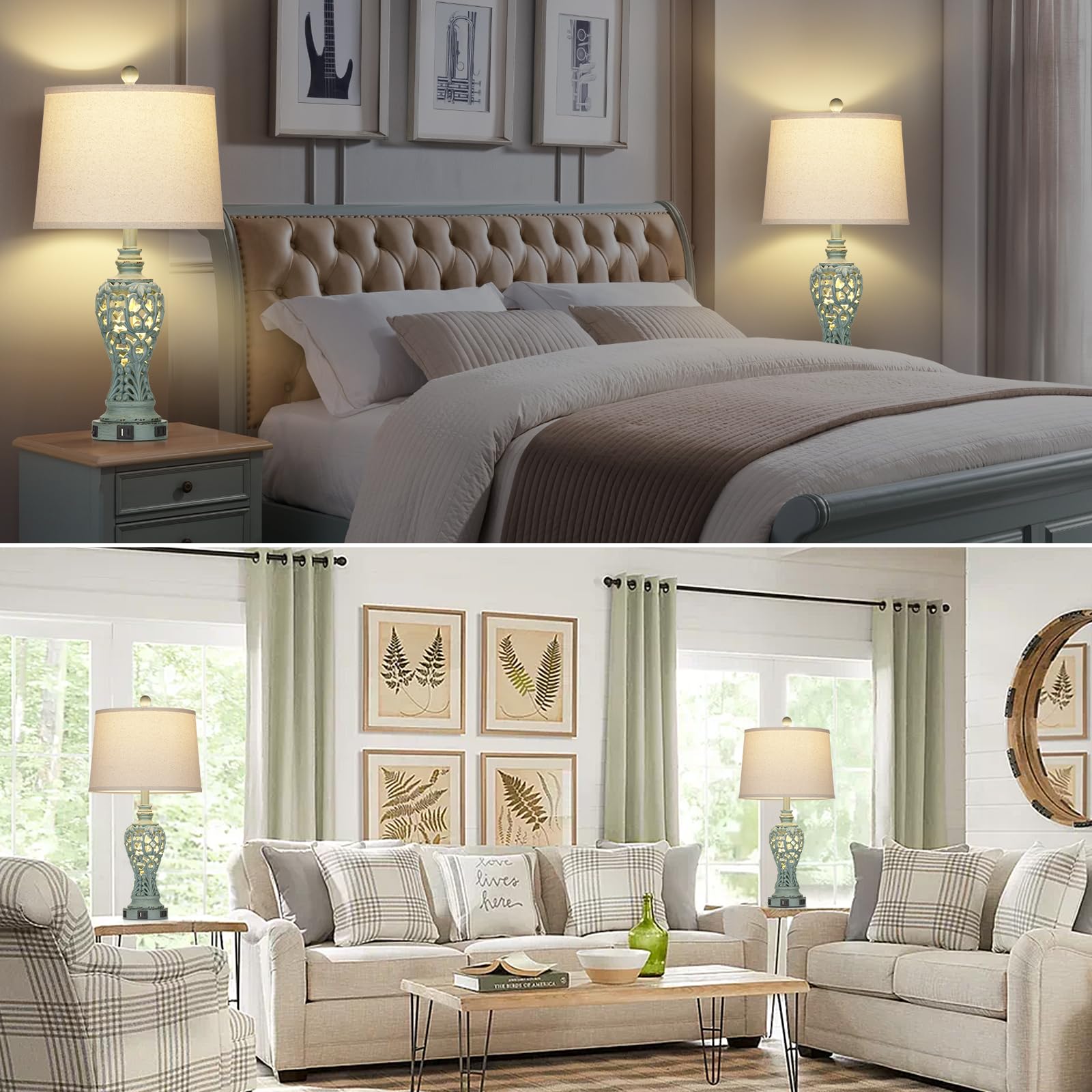 Rinweey Farmhouse Table Lamps Set of 2 with Nightlight, Coastal Bedside Lamps with USB A+C Ports & AC Outlet, Blue Vintage Nightstand Lamps for Bedroom Living Room