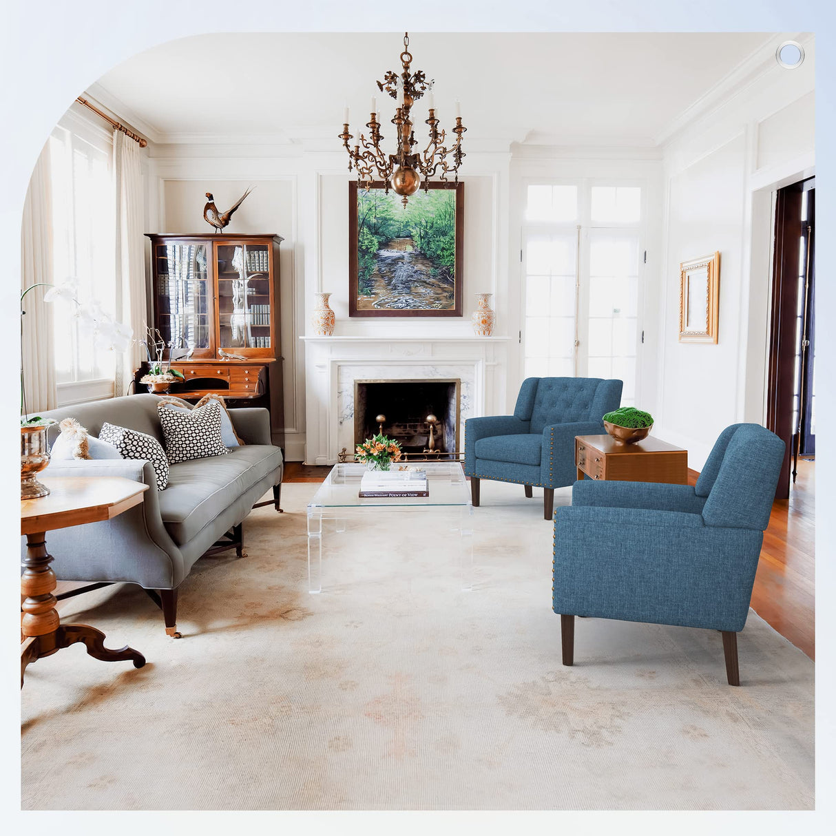 Upholstered Linen Accent Chair, Mid Century Living Room Chair 18.5", Comfy Button Tufted Arm Chair