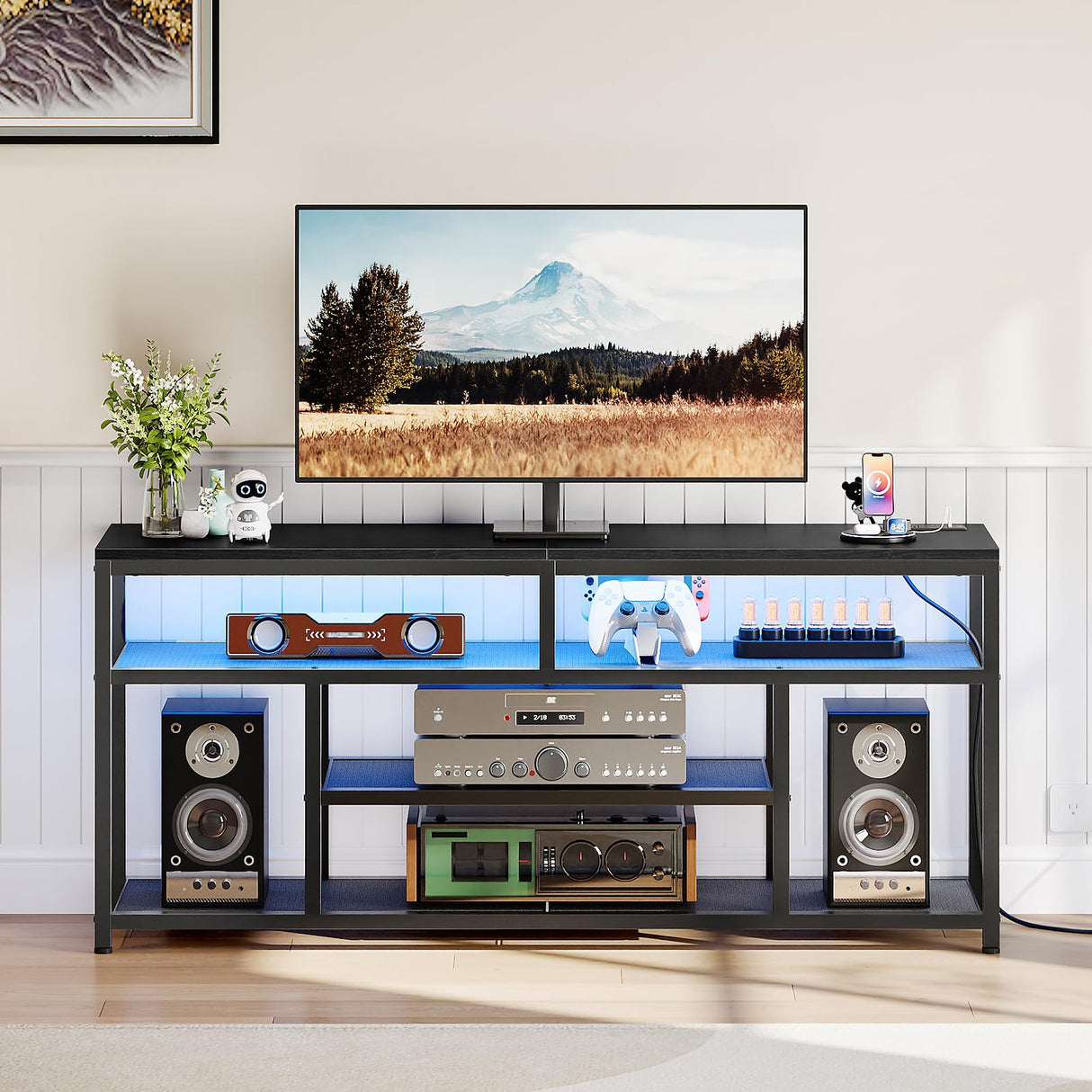 LED TV Stand with Charging Station - 4-Tier Entertainment Center for 65" TVs